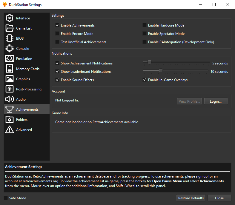 Achievement settings in DuckStation